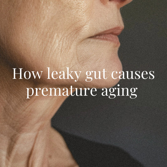 A close-up side profile of an older woman’s lower face and jawline, showing fine lines and natural skin texture. The image explores aging’s visible signs. Text across the image reads, “How leaky gut causes premature aging.”