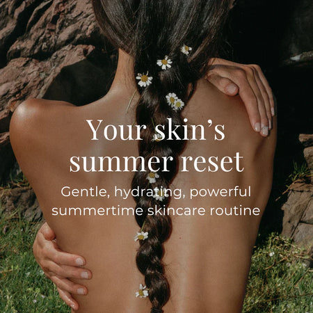 Woman with long braid decorated with flowers, facing away, with text promoting a gentle, hydrating summertime skincare routine.